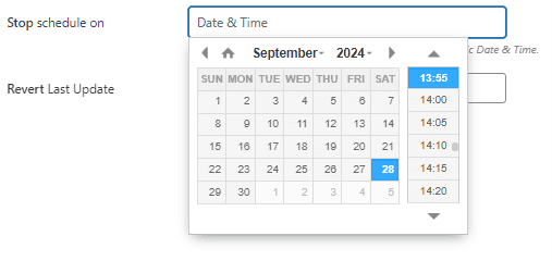 using built-in calendar to set date and time of stopping the schedule process in bulk edit