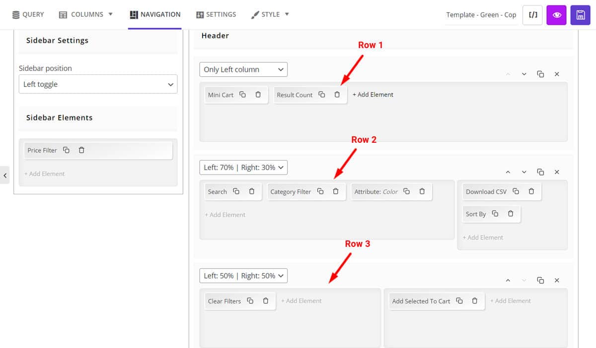create three row on header section