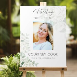 Funeral sign board printed with white roses and photo
