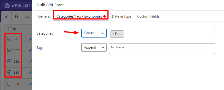 Mark desired posts and bulk delete post category in WordPress bulk edit form