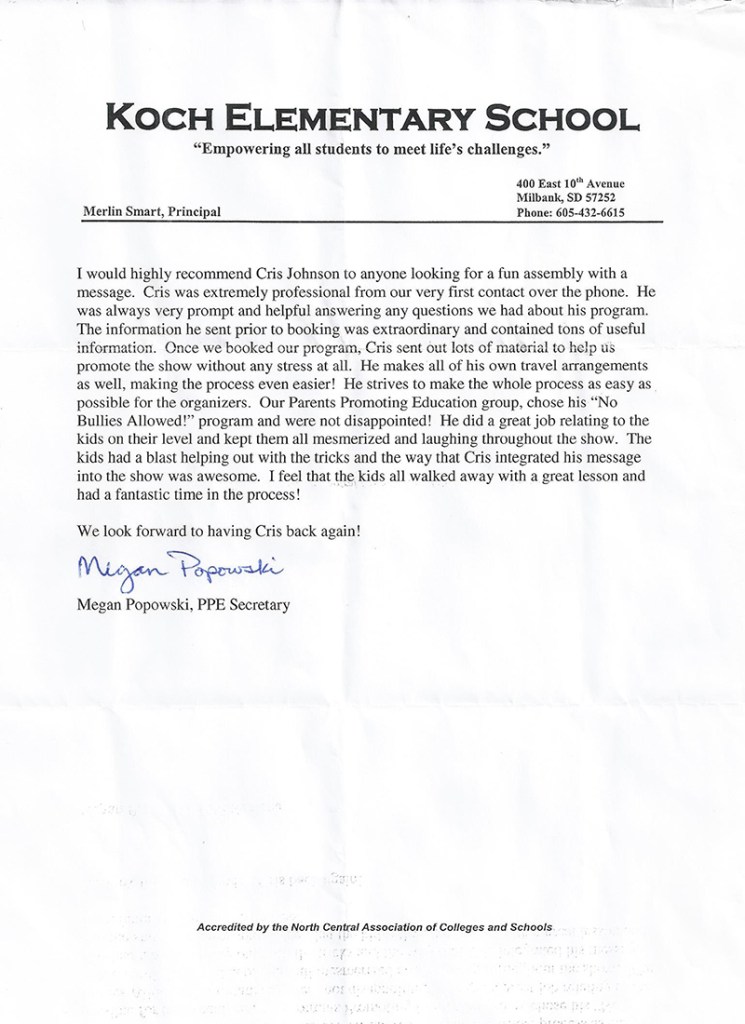 testimonial letter for primary elementary and middle school assembly performer Cris Johnson