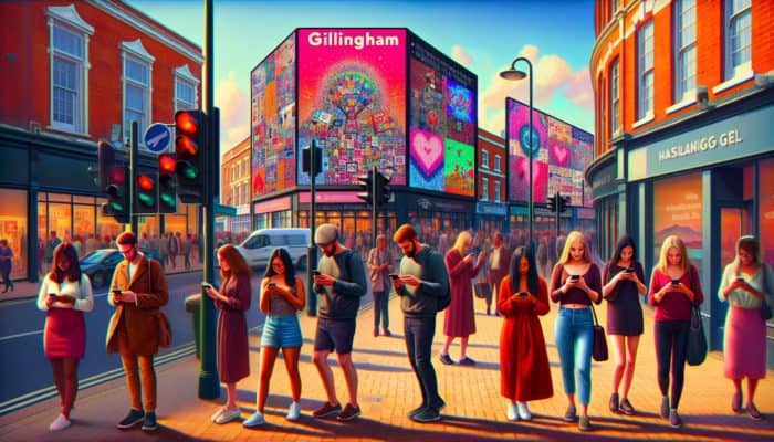 Social Media Marketing in Gillingham for Small Business: A vibrant Gillingham street scene with people using social media on phones, showcasing local businesses and events on digital billboards.