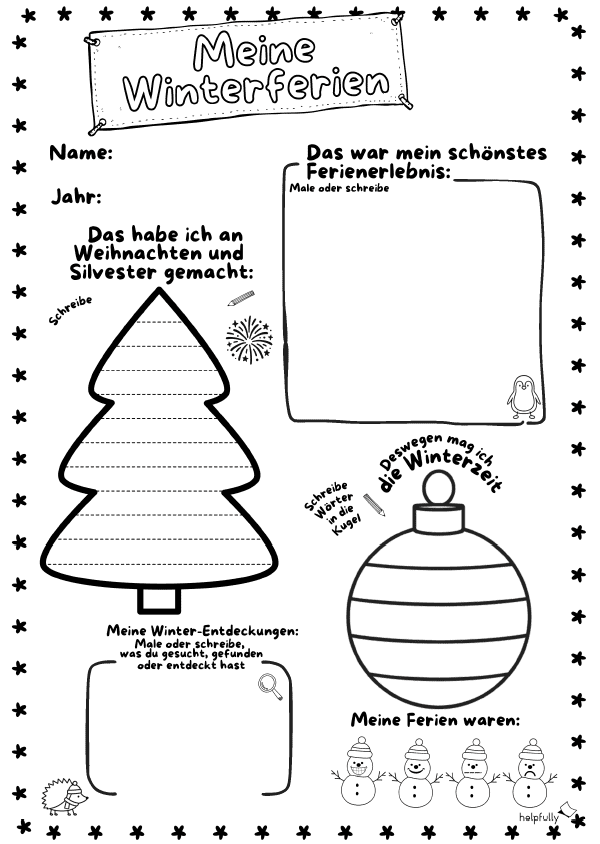 Winterferien Rückblick zum Ausdrucken und Ausfüllen für Grundschule