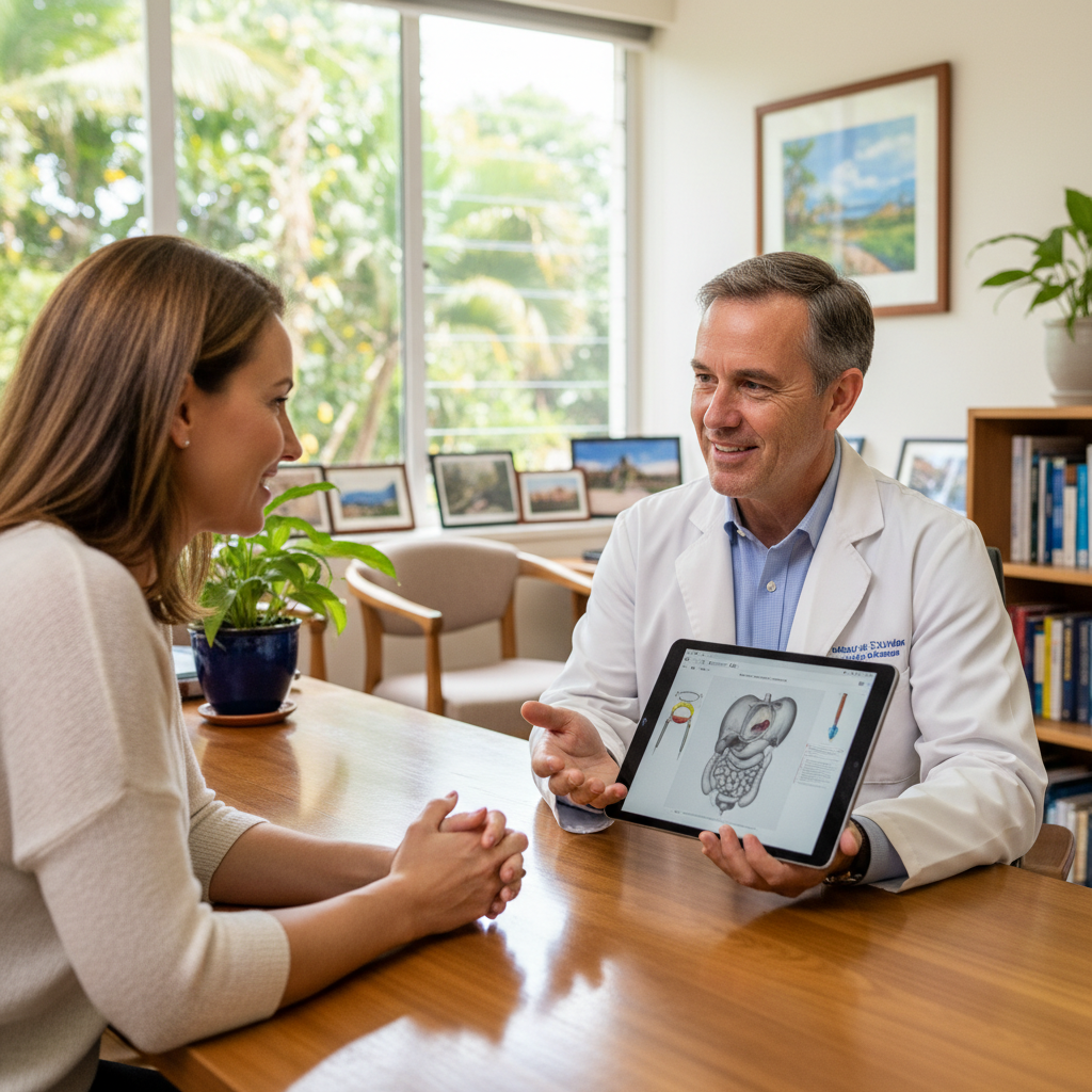 Patient Consultation for Minimally Invasive Surgery A laparoscopic surgery gynecologist durban explains a minimally invasive procedure to a patient in a clinic.