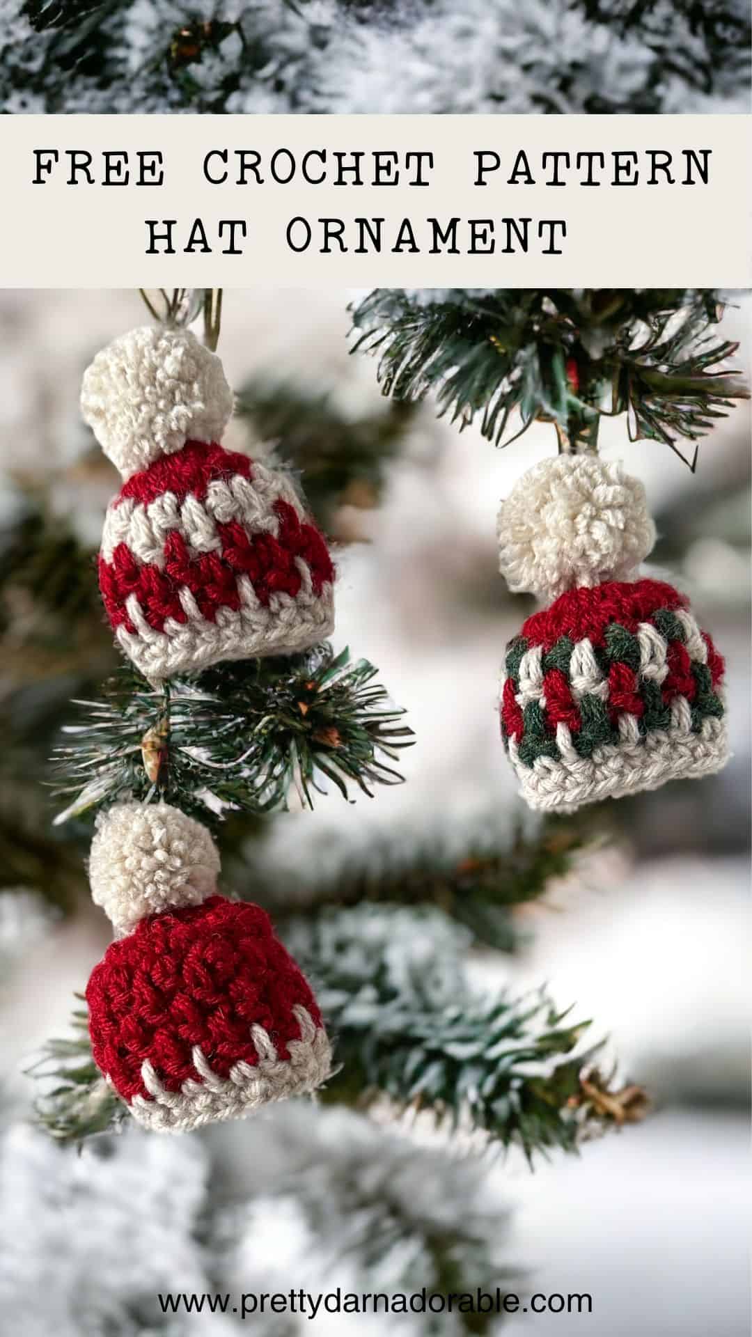 three mini crochet hat ornaments for christmas in red green and white