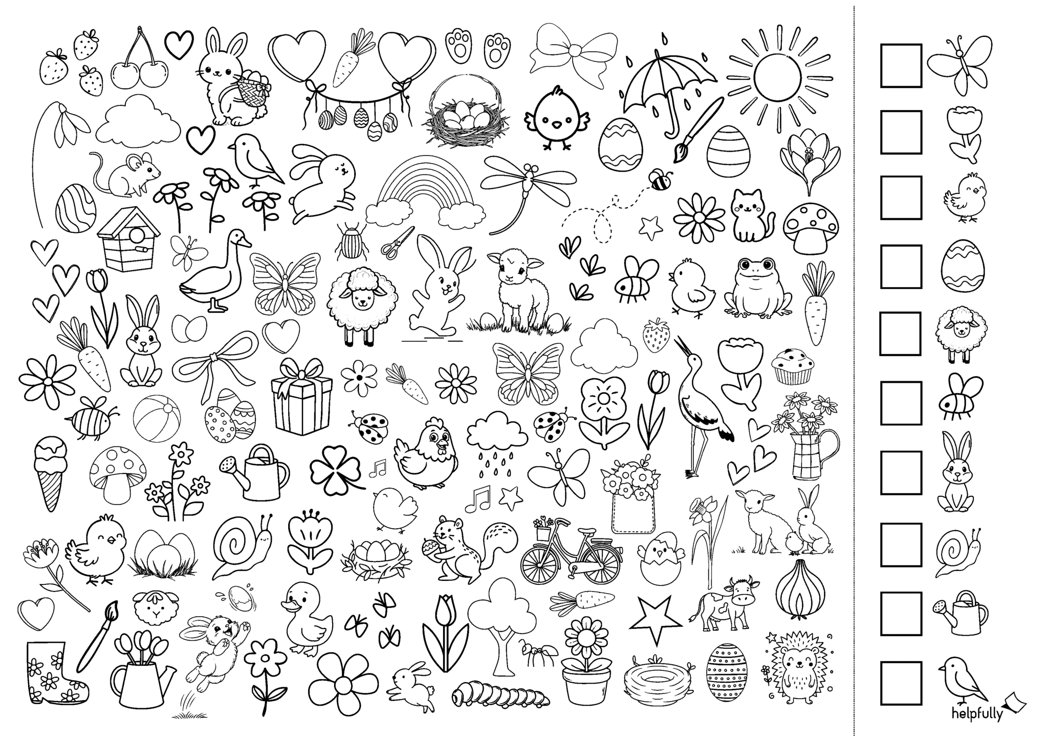 eine A4 Vorlage im Querformat mit Suchbildern rund um Ostern und Frühling zum Ausdrucken