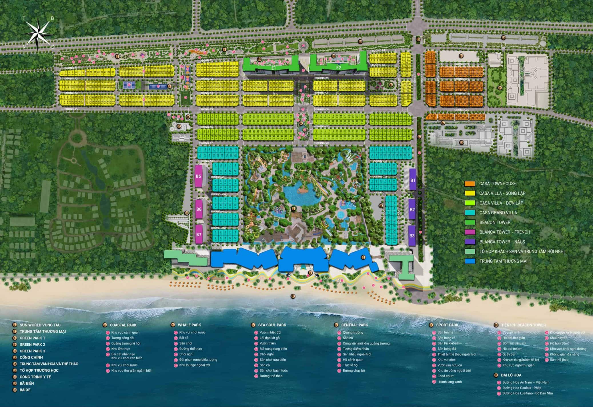 Sơ đồ mặt bằng tổng thể Blanca City Vũng Tàu, làm nổi bật vị trí phân khu thấp tầng Casa.