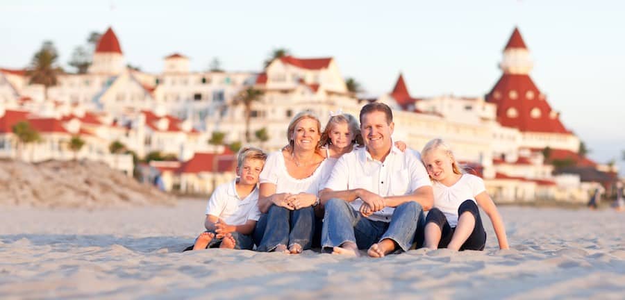 Happy Family in Front of Hotel Del Coronado on a Sunny Afternoon.