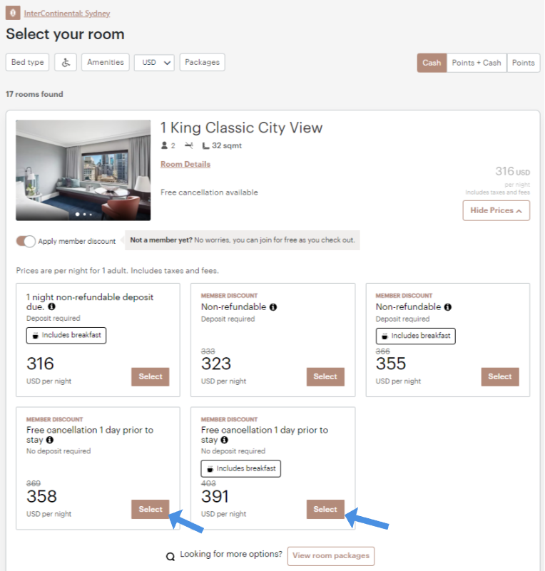 Example of booking a stay at InterContinental: Sydney using Bonus Points Packages