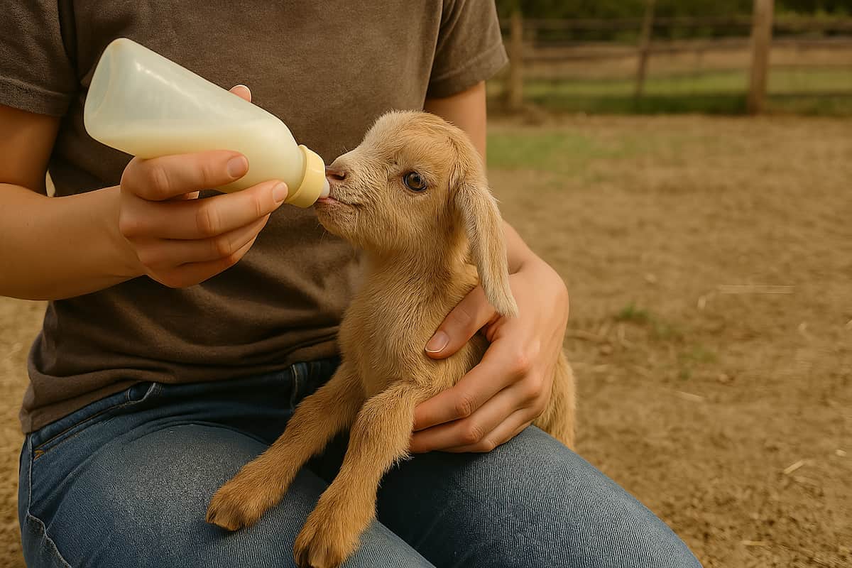 a person feeding a baby goat