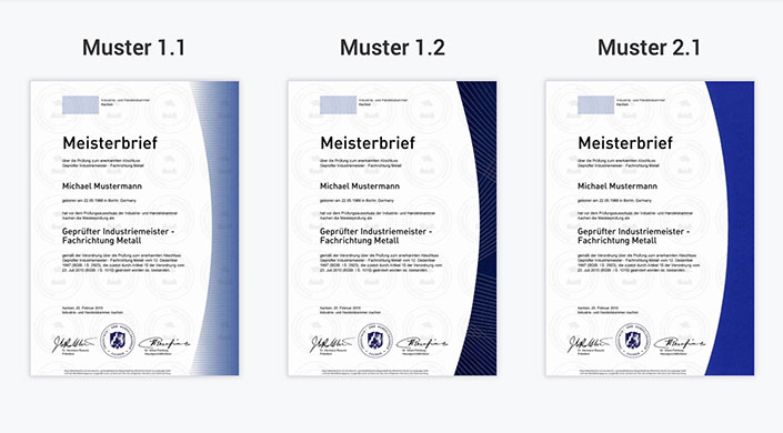 Meisterbrief-Zertifikat für Michael Mustermann als geprüfter Industriemeister Fachrichtung Metall, ausgestellt am 25. Februar 2014, mit Unterschriften und offizieller Stempel.
