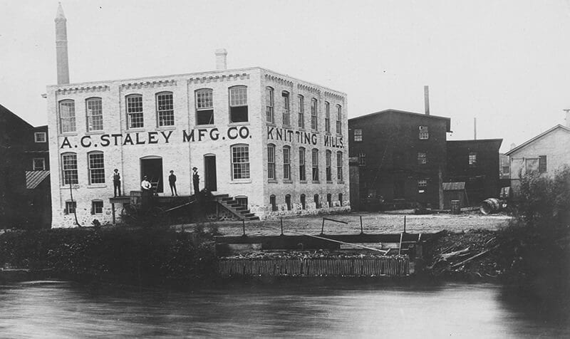stephenson1 A.C. Staley Manufacturing Company building in historical black-and-white photo, early industrial site.