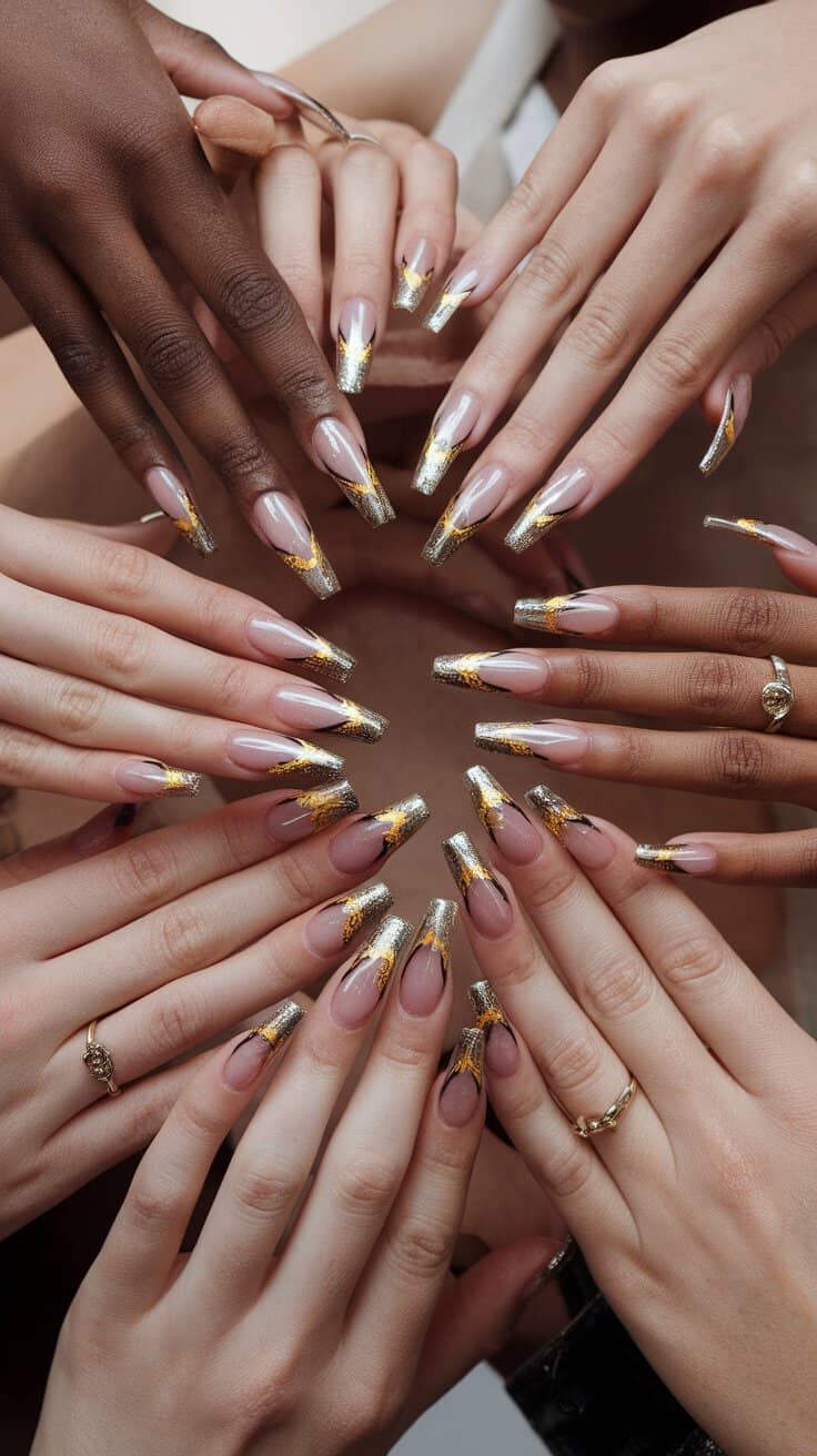 Chic gold foil Easter coffin nail designs with metallic shades and nude base.