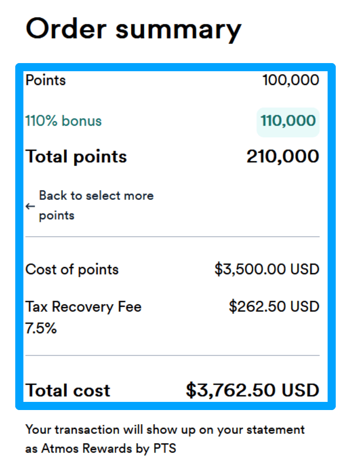 Buy Atmos Rewards Points: Up to 110% Bonus Until October 10, 2025 3 Example of buying 100,000 Atmos Rewards points with a 110% bonus