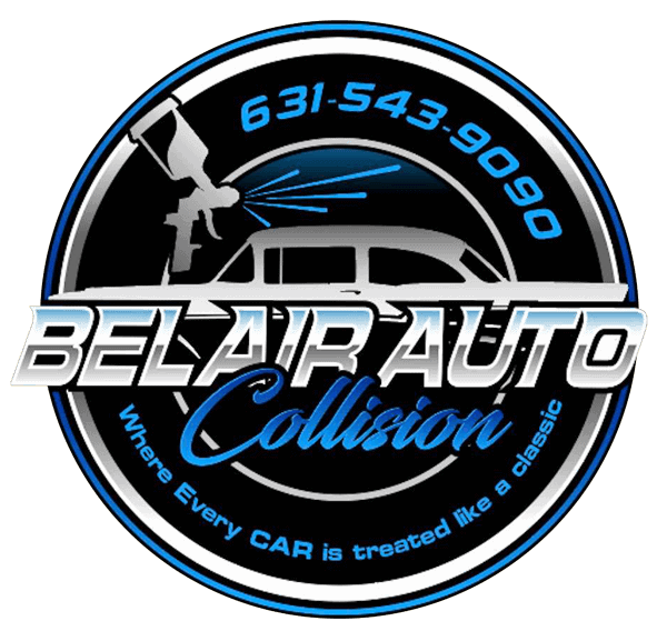 Logo for Belair Auto Collision with a vintage car outline, a paint sprayer, and the text "Where Every Car is treated like a classic" along with the phone number 631-543-9090.