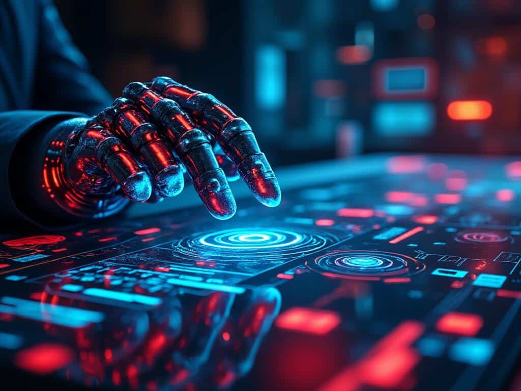A futuristic robotic hand, rendered in glowing red and blue hues, interacts with a digital interface. This image evokes the potential of AI report generation in law enforcement. The scene highlights the intersection of AI and police tech, possibly related to Axon software or other AI tools for police reports.