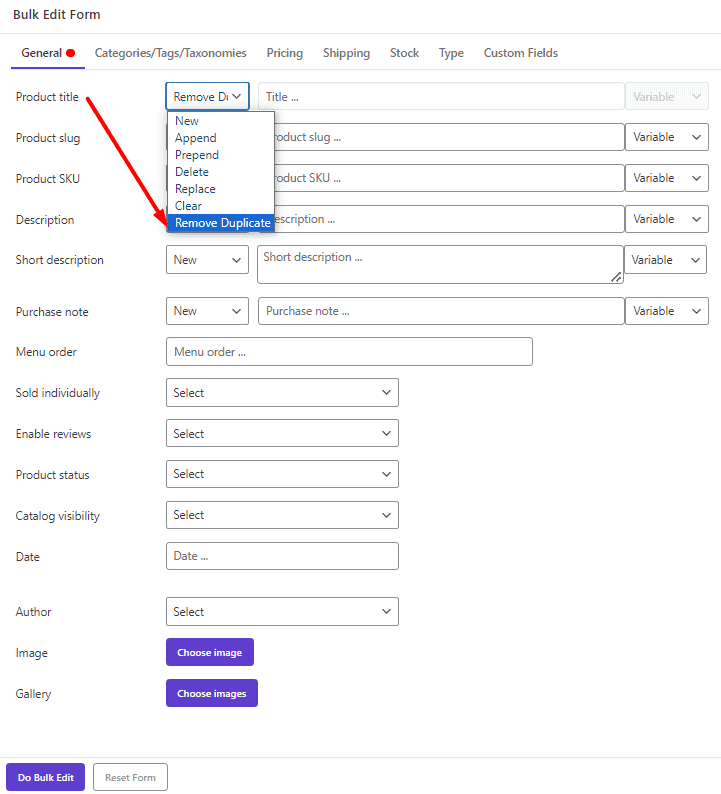 Select remove duplicate from product title operator and press Do Bulk Edit button