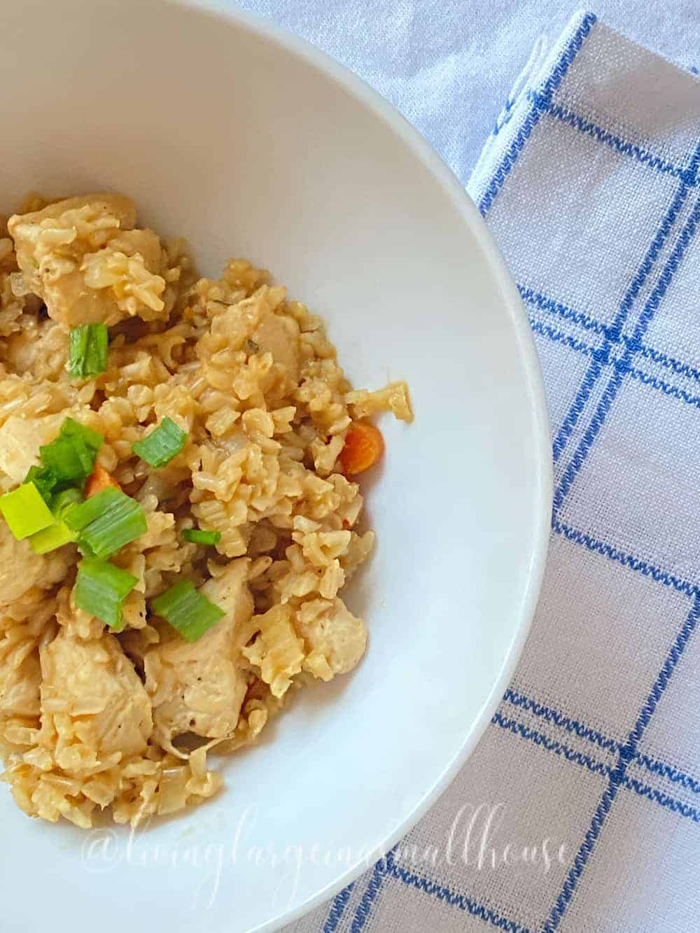 a bowl with my from scratch cooking gluten free chicken and rice recipe