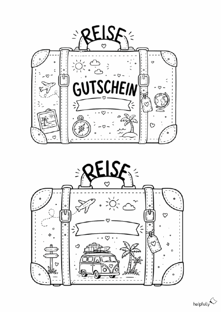 Zwei Gutscheinvorlagen für Reise-Geschenke in Kofferform zum Ausdrucken und Ausschneiden