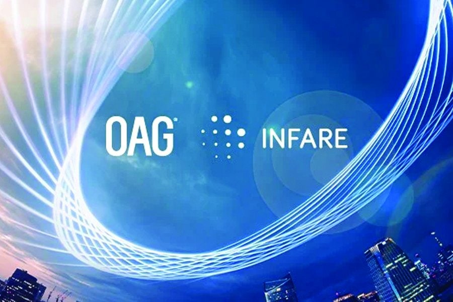 A dynamic image showcasing the logos of OAG and Infare against a vibrant blue background. Illuminated white streaks form sweeping, futuristic arcs across the composition, symbolizing connectivity and innovation. The lower portion reveals a glimpse of a modern cityscape with skyscrapers at dusk.
