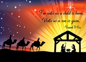 Bright Nativity with Camels words Glimmer