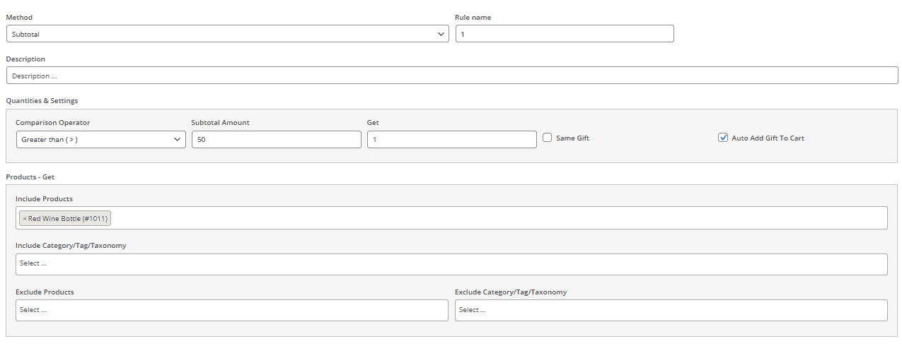 Free wine gift for cart subtotal freater than $50
