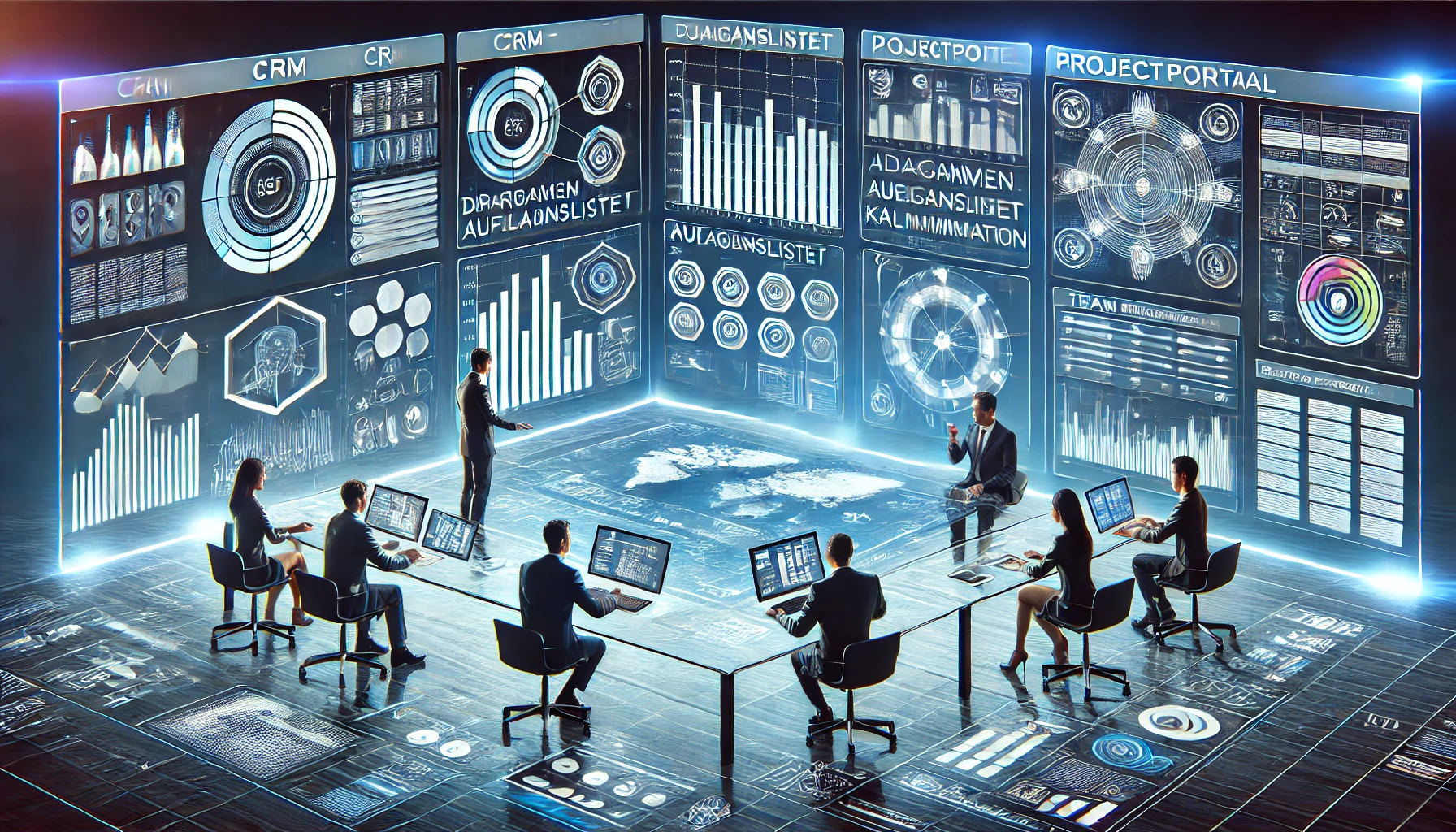 DALL·E 2025-01-29 12.17.10 - Ein modernes, professionelles Bild, das ein CRM- und Projektportal darstellt. Das Bild zeigt ein digitales Dashboard mit Diagrammen, Aufgabenlisten, K