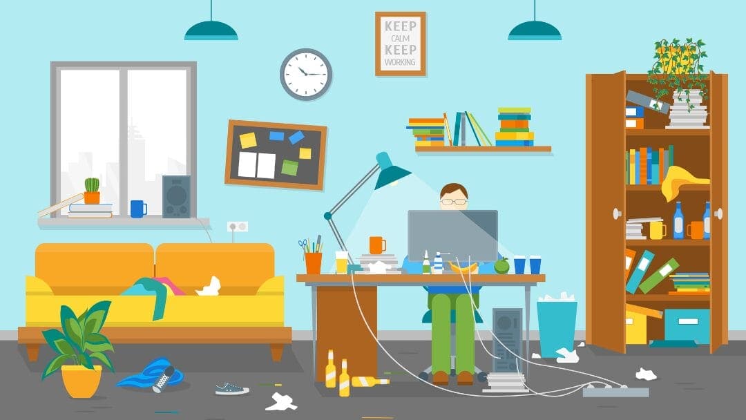 Aufräum-Challenge Das Bild zeigt ein sehr unordentliches Zimmer, das als Arbeitsplatz dient. In der Mitte sieht man einen Schreibtisch, auf dem ein Computer steht, hinter dem eine Person sitzt, die vom Bildschirm verdeckt wird. Auf dem Schreibtisch liegen verschiedene Gegenstände verstreut: Papiere, eine Kaffeetasse, eine Druckerpatrone, eine Pflanze und einige Bücher. Überall auf dem Boden verteilt findet man Müll, wie zerknüllte Papiere, leere Flaschen, Dosen und sogar eine Bananenschale. Es sieht so aus, als wäre kein Versuch unternommen worden, irgendetwas zu reinigen. An der Wand hängen ein paar Bilder und ein Wanduhr, deren Ziffernblatt um fünf vor zwölf steht. An der Decke hängen zwei Lampen. Es gibt auch ein großes Fenster, durch das man auf eine städtische Landschaft blickt. Ein Sofa vor dem Fenster ist ebenfalls mit Gegenständen bedeckt, einschließlich eines Laptops und einiger Bücher. Neben dem Sofa steht ein überquellender Papierkorb. Rechts im Bild befindet sich ein großer, schwarzer Schrank, auf dessen Oberseite weitere Gegenstände ungeordnet liegen, darunter ein Pokal und eine Flasche. Im offenen Schrankbereich sieht man hängende Kleidung und auf dem Boden verstreute Schuhe. Links oben an der Wand ist eine Klimaanlage sichtbar, die anscheinend nicht in Betrieb ist. Das Gesamtbild zeigt eine chaotische, unstrukturierte Umgebung, die vielleicht auf eine sehr beschäftigte Person oder einen Mangel an Organisation hinweist. Es könnte auch eine humorvolle Darstellung von Stress und Durcheinander sein, das manchmal mit kreativen oder intensiven Arbeitsperioden einhergeht.