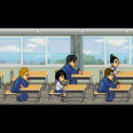 Capture d'écran d'une salle de classe en pixel art, avec des élèves assis à leurs bureaux et un professeur en discussion, représentant une ambiance éducative et ludique pour un site de jeux en ligne.