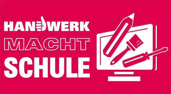 Roter Hintergrund mit weißem und rosa Text, teilweise lesbar, daneben ein weißes Symbol, das an ein Megafon erinnert.