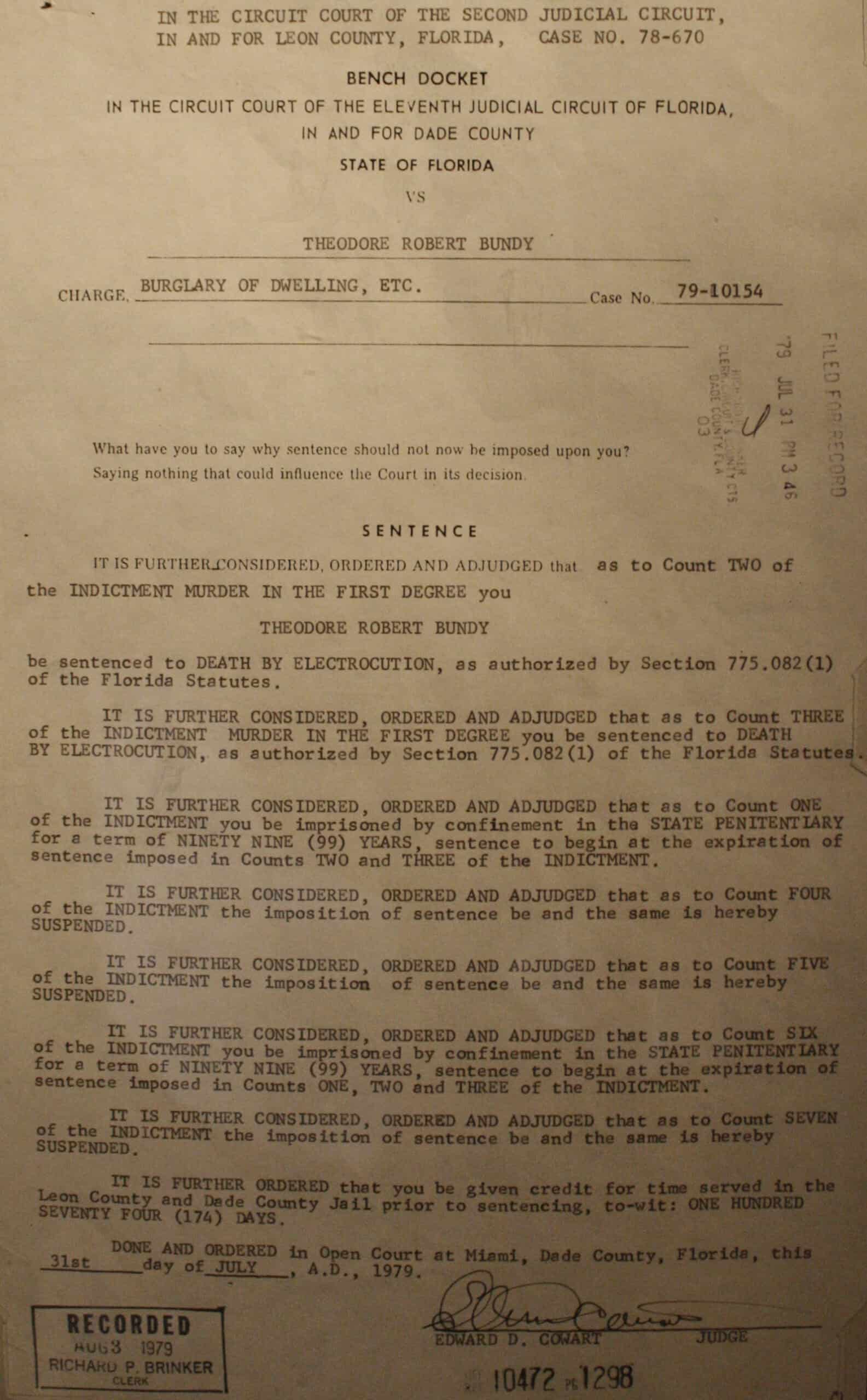 Bench docket recording Bundy's sentences for the Chi Omega crimes, displayed at the National Museum of Crime and Punishm