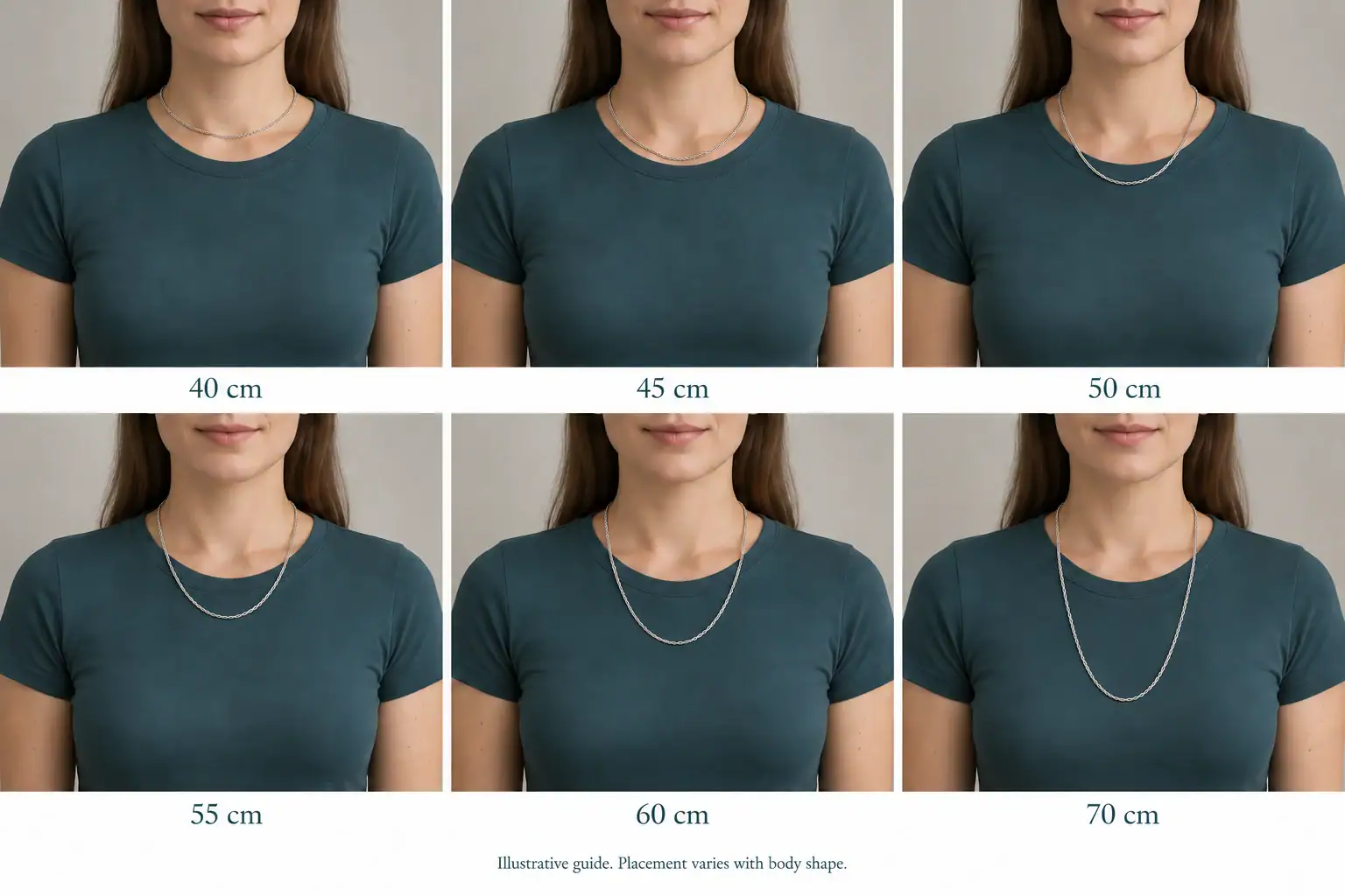 Illustration of a person wearing a 45 cm silver chain