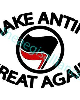 Make Antifa Great Again hat: Distressed black trucker cap with vegan leather patch featuring the Antifa flag. Political satire for activists.