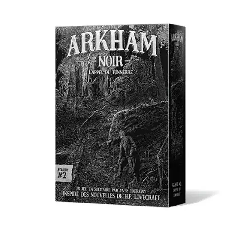 ARKHAM NOIR L'APPEL DU TONNERRE jeu de société inspiré de H.P. Lovecraft, atmosphère sombre et immersive, jeu de cartes en solo, parfait pour les amateurs de jeux de stratégie et d'horreur.