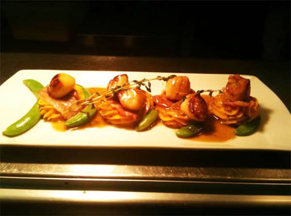 Seared Scallops & Bacon with Sweet Potato Champ, at the pass - Ashford Castle Seared Scallops & Bacon with Sweet Potato Champ, at the pass. Photo:shford Castle