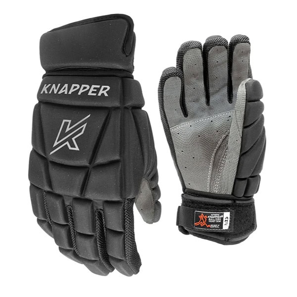 A pair of Knapper Gloves in black, one displaying the padded back with logo, the other revealing a textured palm with gray and black accents.