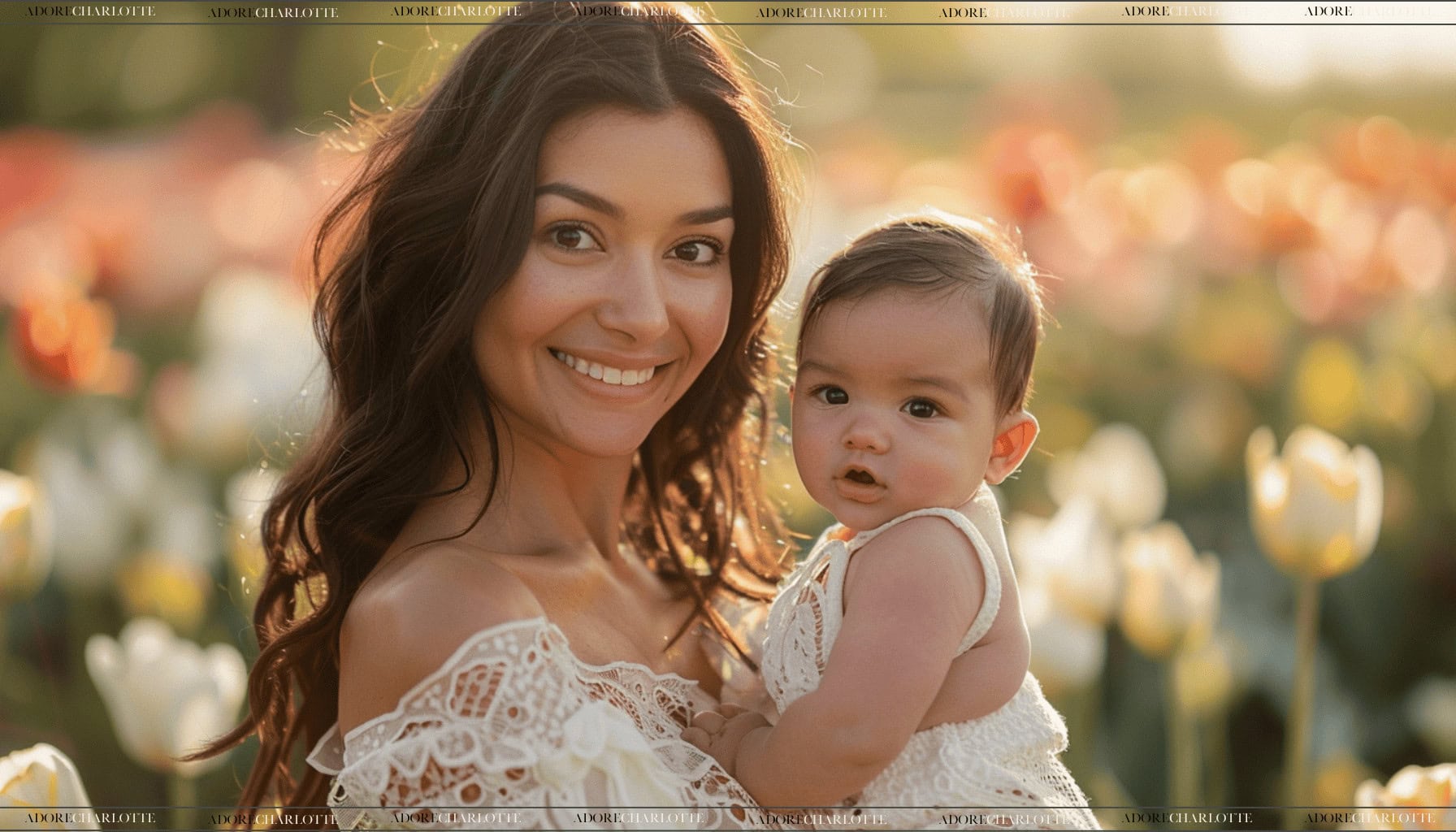 Middle Names for Aurora stunning mother and baby in a field of tulips smiling towards the camera in pretty clothes