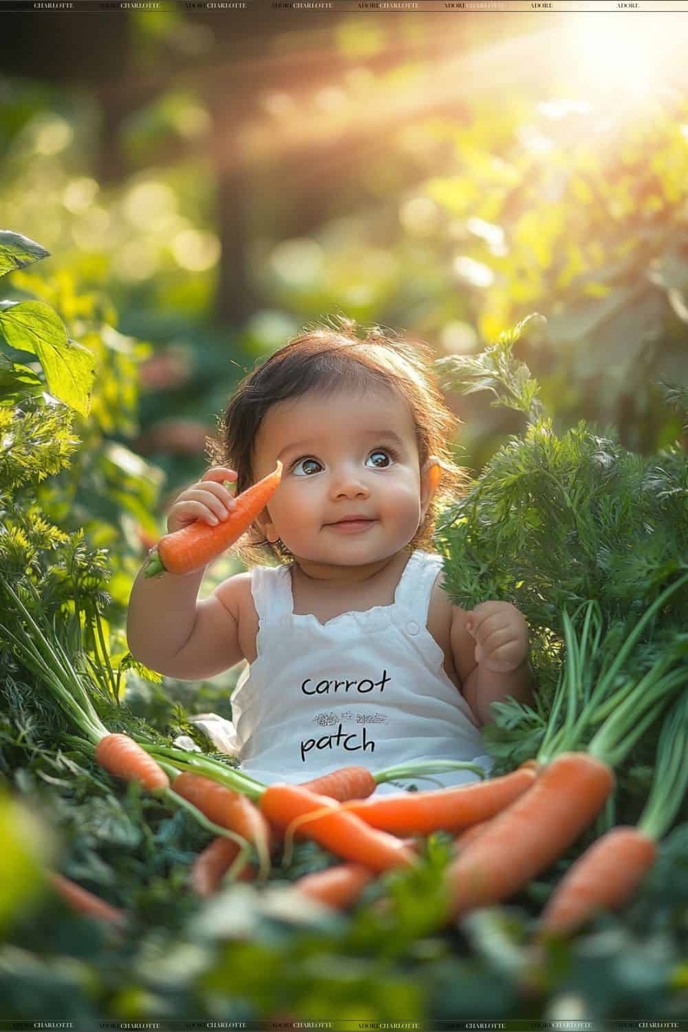 cute baby holdng carrots at a fruit and veg picking farm.