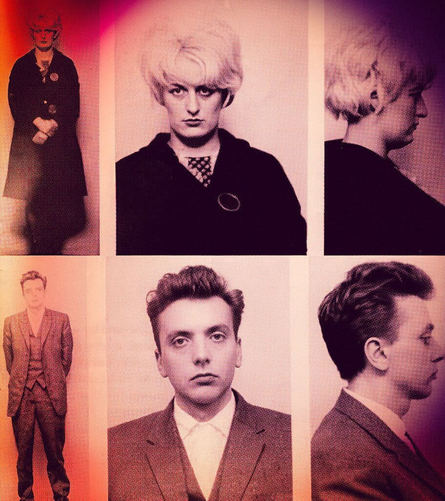 Three archive police photographs of a woman with light bouffant hair, shown full length, front and profile.