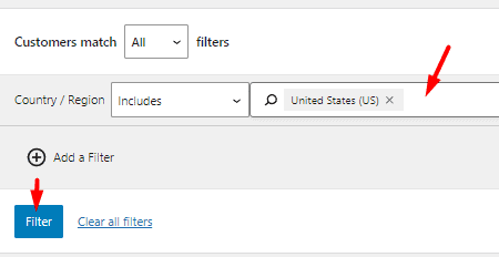 select United States country filter for customers