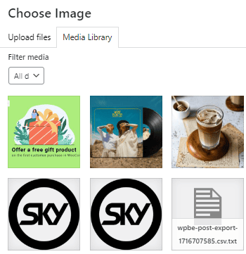 Choose features image from media library