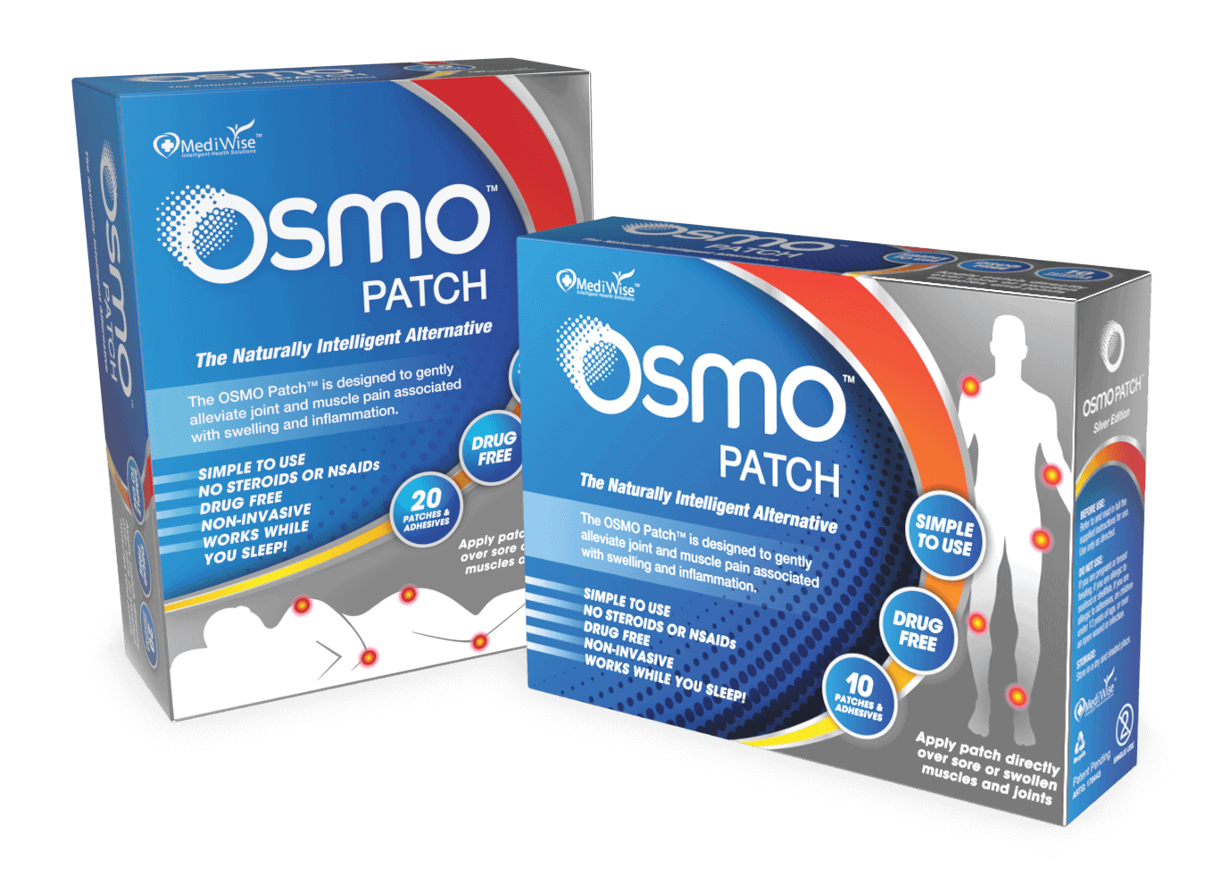 OSMO Patch Product Image - 1 pack of 10 patches displayed horizontally, 1 pack of 20 patches displayed vertically