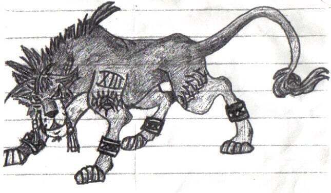 Detailed pencil drawing of a lion-like creature from Final Fantasy XIII, featuring stylized armor and the Roman numeral XIII on its flank. The drawing showcases a dynamic pose with a flowing tail, embodying the spirit of Final Fantasy fan art.
