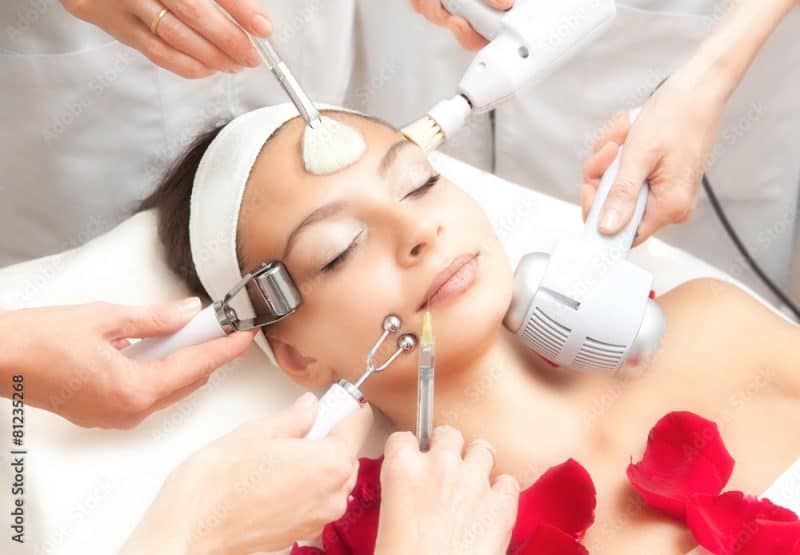Spa Salon: Young Beautiful Woman Having Various Facial Treatment