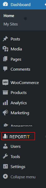 select Woo Report section in Dashboard menu