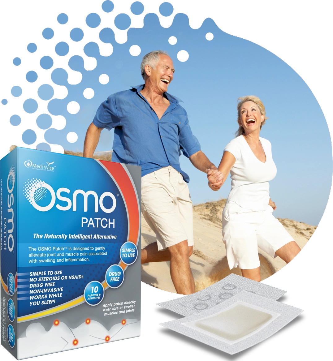 Hero image showing stylized OSMO Patch symbol masking a happy couple holding hands on a beach. The product packaging and a patches are shown in the foreground.