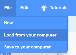 File menu in Scratch for saving or loading a project