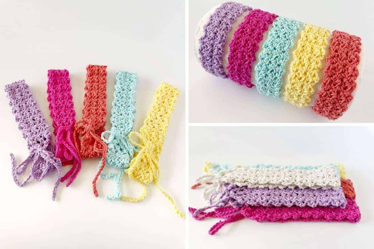 Four crocheted bookmarks in various colors with tie strings are shown on a white background, displayed individually, stacked rolled up, and laid flat to reveal their lacy textured pattern. No visible text or promotional information appears in the image. Free crochet pattern