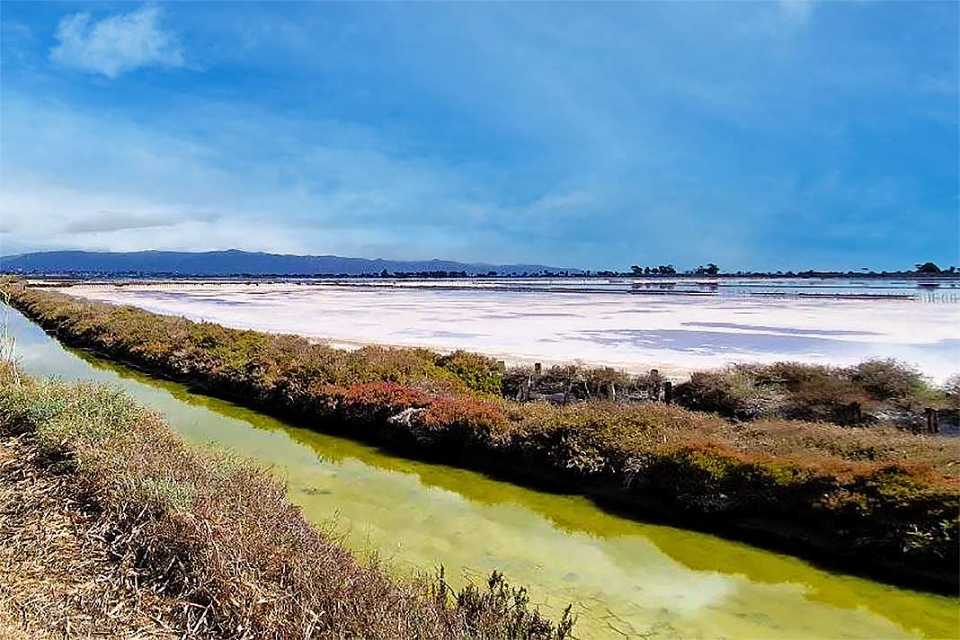 Ein Kanal mit grünlichem Wasser fließt vor den großen Becken der Salzsalinen am Parco Naturale in Cagliari