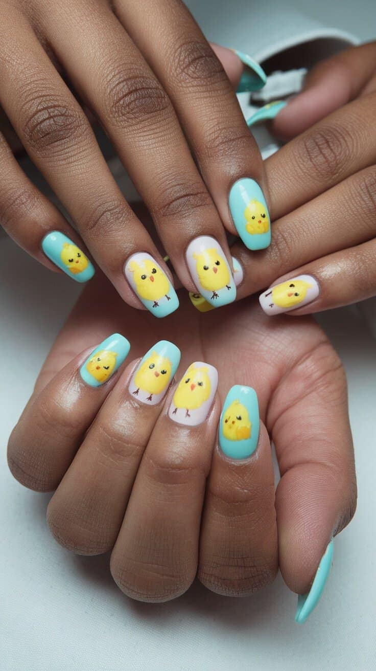 Colorful Easter chick nail designs with mint green and pastel shades.